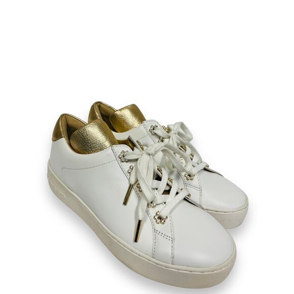 MICHAEL KORS White Gold Leather Irving Floral Accent Logo Lace Up Sneakers 6.5 - Picture 7 of 7